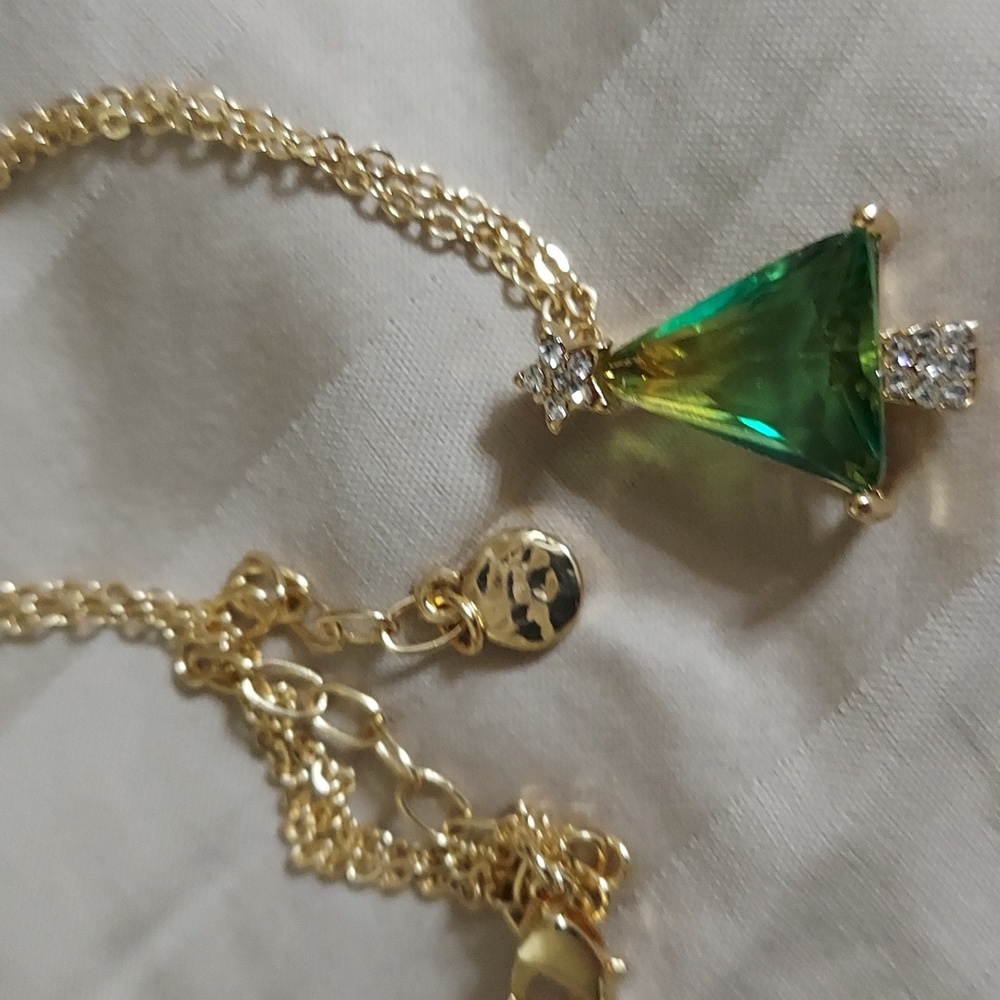 Watermelon Tourmaline CZ Triangle Tree Gold Pendant - Picture 5 of 12